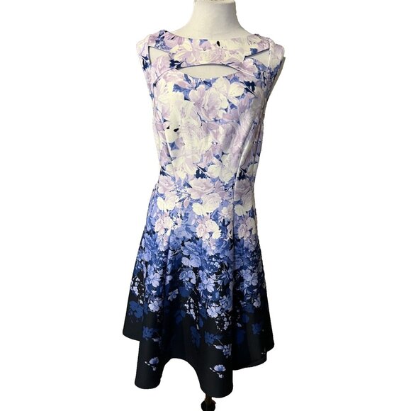 Gabby Skye Dress 18W Blue Purple White Scuba A Line Stretch Washable NEW - Picture 2 of 14